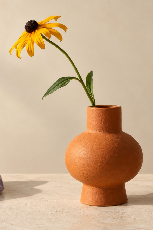 A 600 by 900 portrait crop preserving the flower, curved stem and vase while removing most of the side setting.