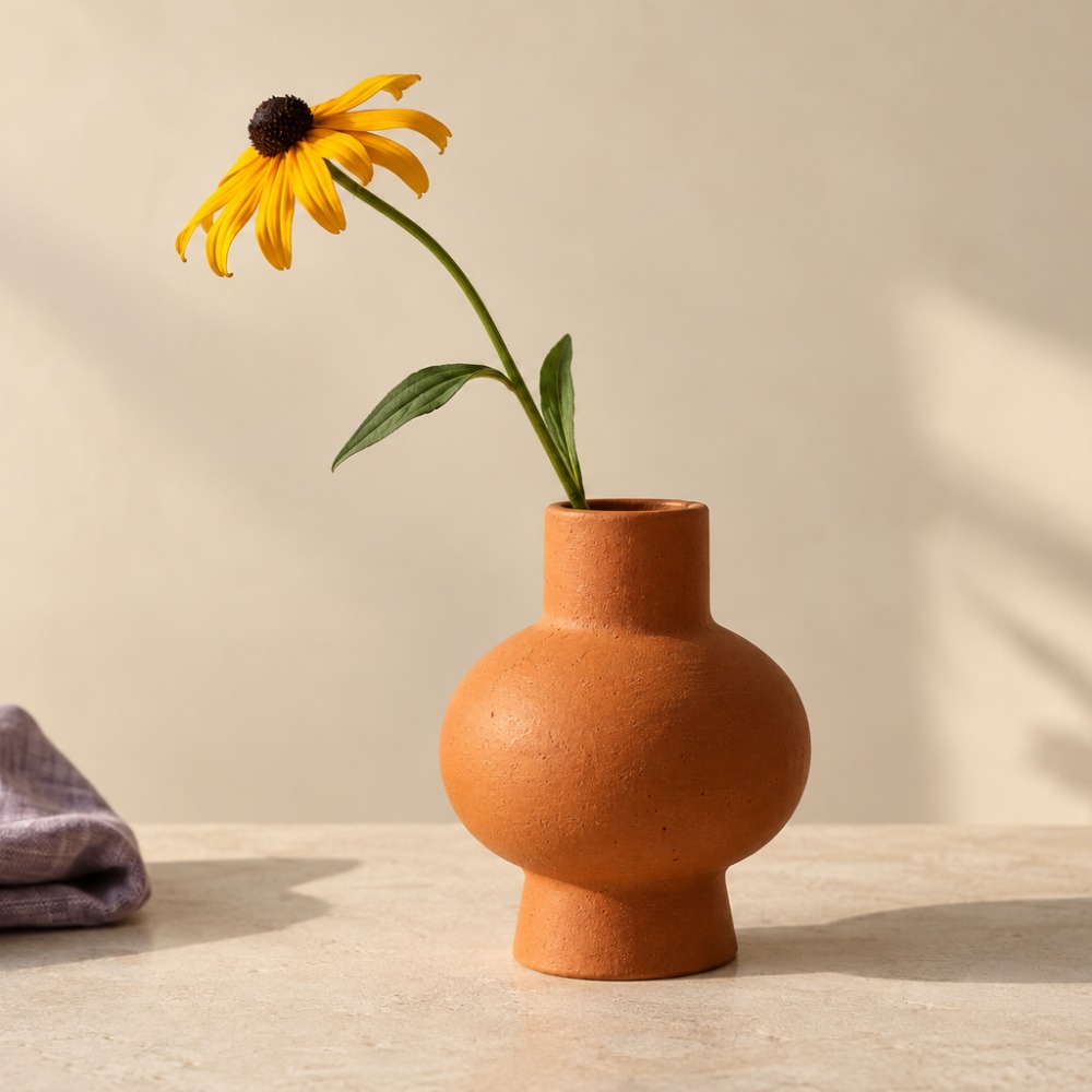 A 1000 by 1000 square crop preserving the full flower and vase, with a small piece of purple cloth at lower left.