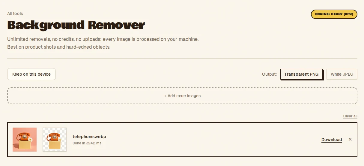 The Background Remover after processing a product photo, showing the original beside the cut-out on a transparent checkerboard, with a transparent-PNG or white-JPEG output toggle.