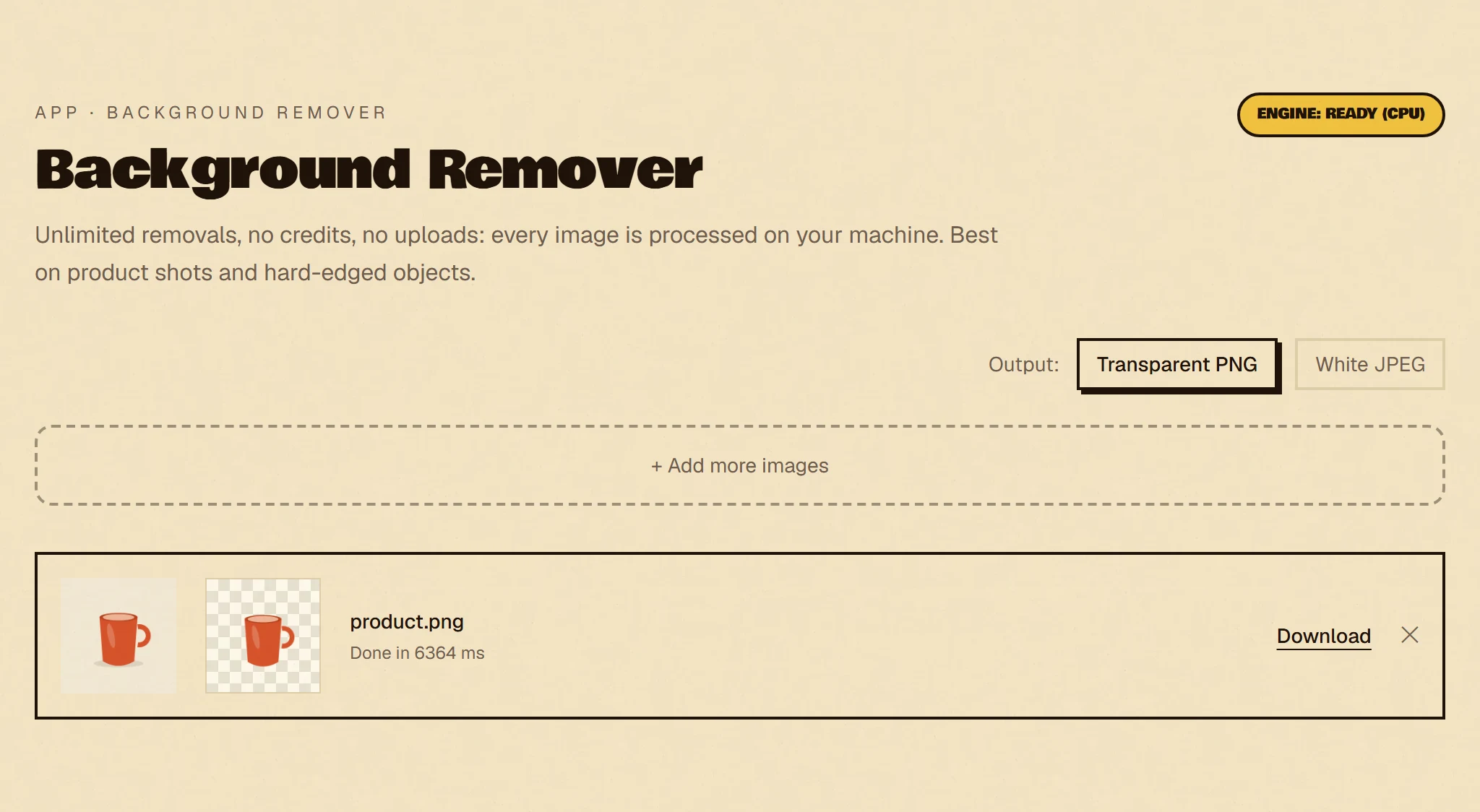 The Background Remover after processing a product photo, showing the original beside the cut-out on a transparent checkerboard, with a transparent-PNG or white-JPEG output toggle.