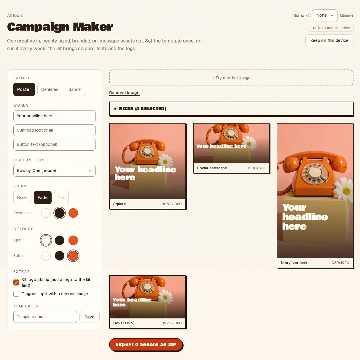 The Campaign Maker with one creative loaded, previewing the same headline typeset across square, landscape, story and cover sizes, with layout and colour controls.