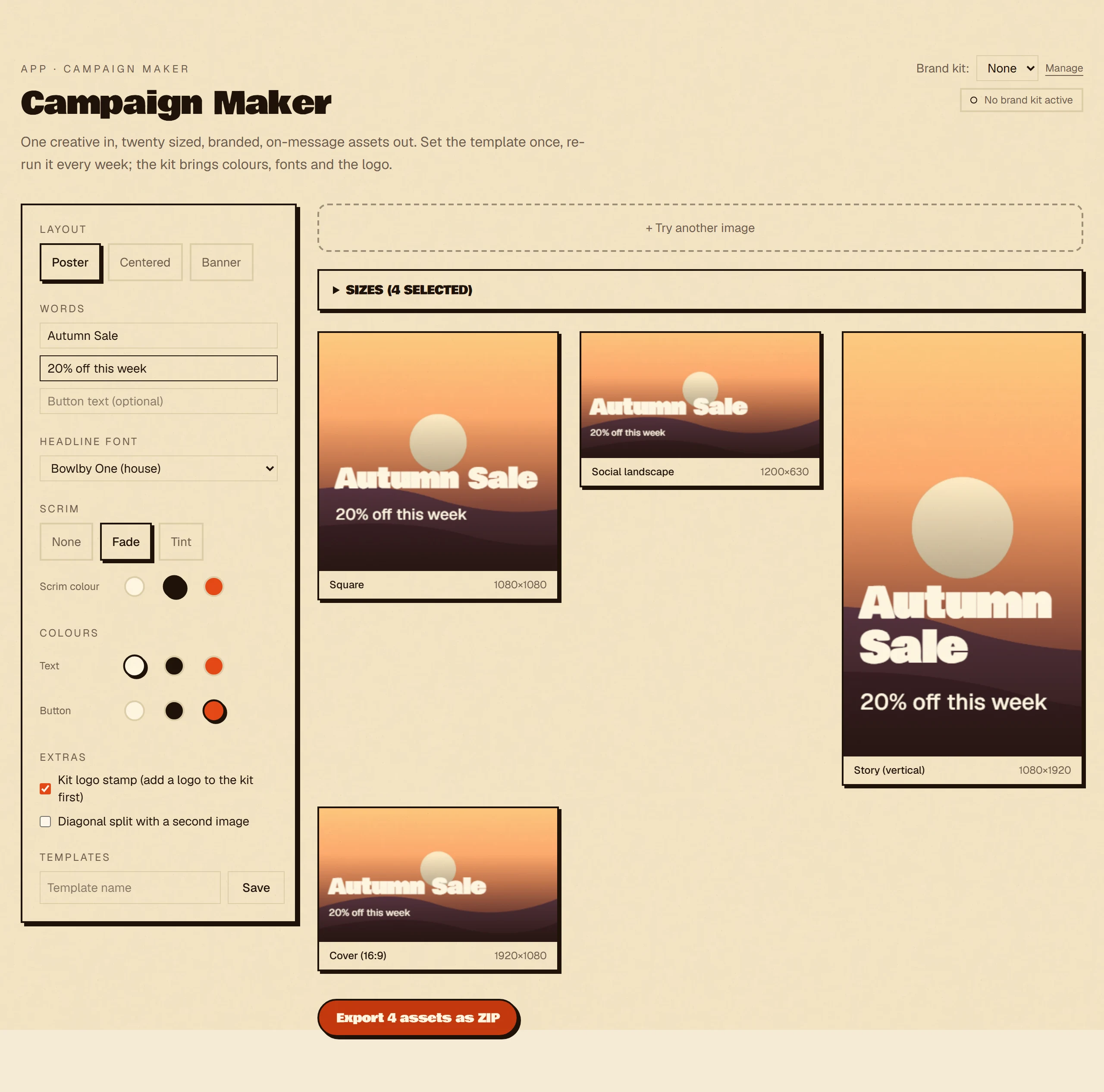The Campaign Maker with one creative loaded, previewing the same headline typeset across square, landscape, story and cover sizes, with layout and colour controls.