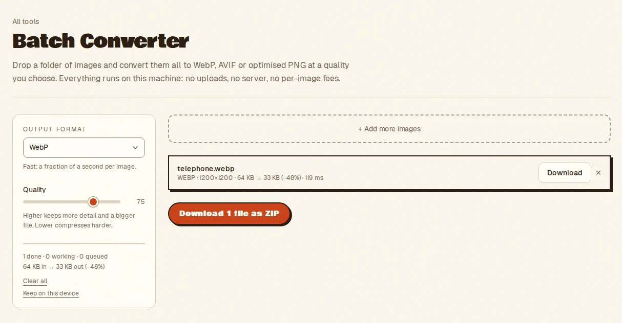 The Batch Converter with a telephone photo converted to WebP, showing the size before and after and the percentage saved.