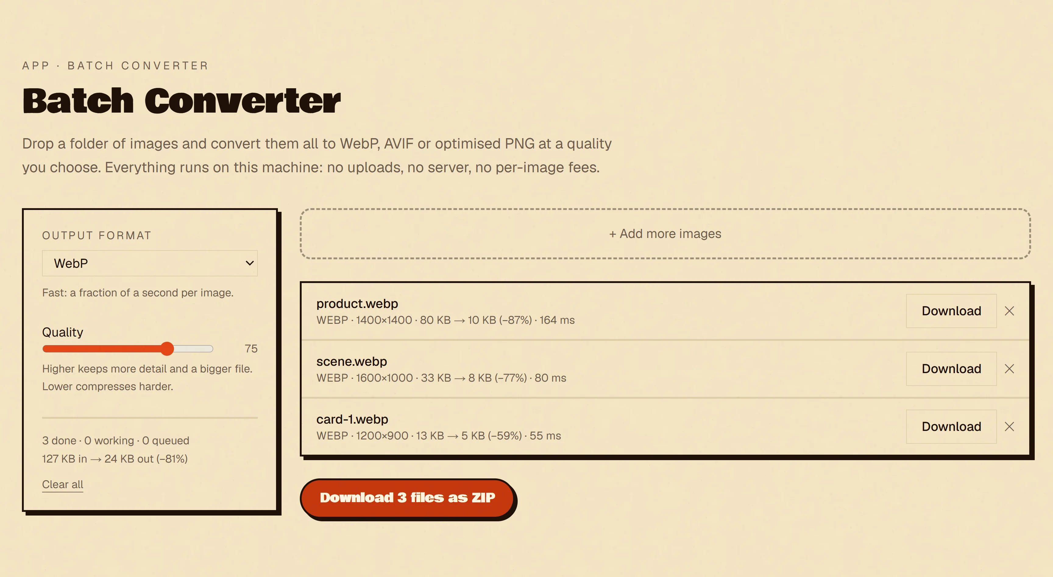 The Batch Converter with several images converted to WebP, each row showing the size before and after and the percentage saved.