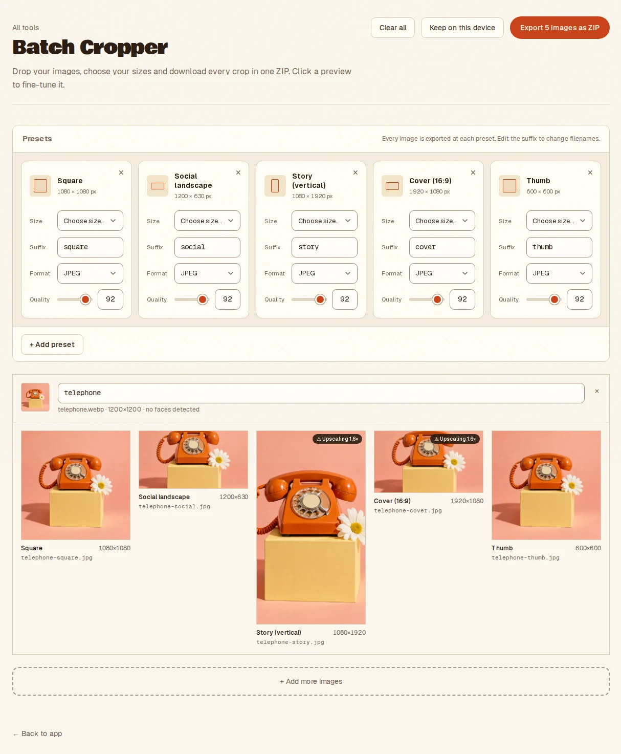 The Batch Cropper with one photo loaded, showing preview crops at square, social, story, cover and thumbnail sizes with per-preset format controls.