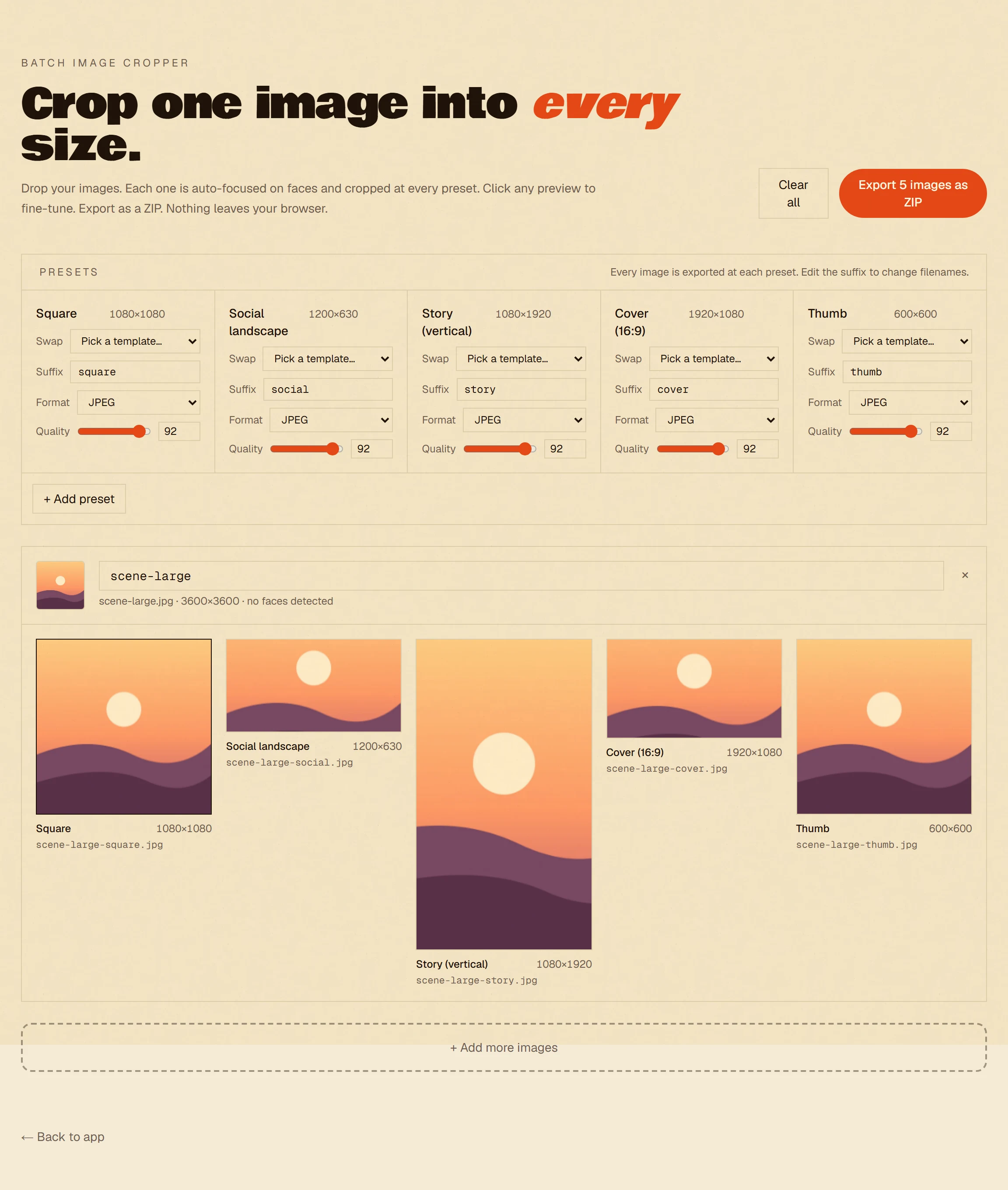 The Batch Cropper with one photo loaded, showing preview crops at square, social, story, cover and thumbnail sizes with per-preset format controls.