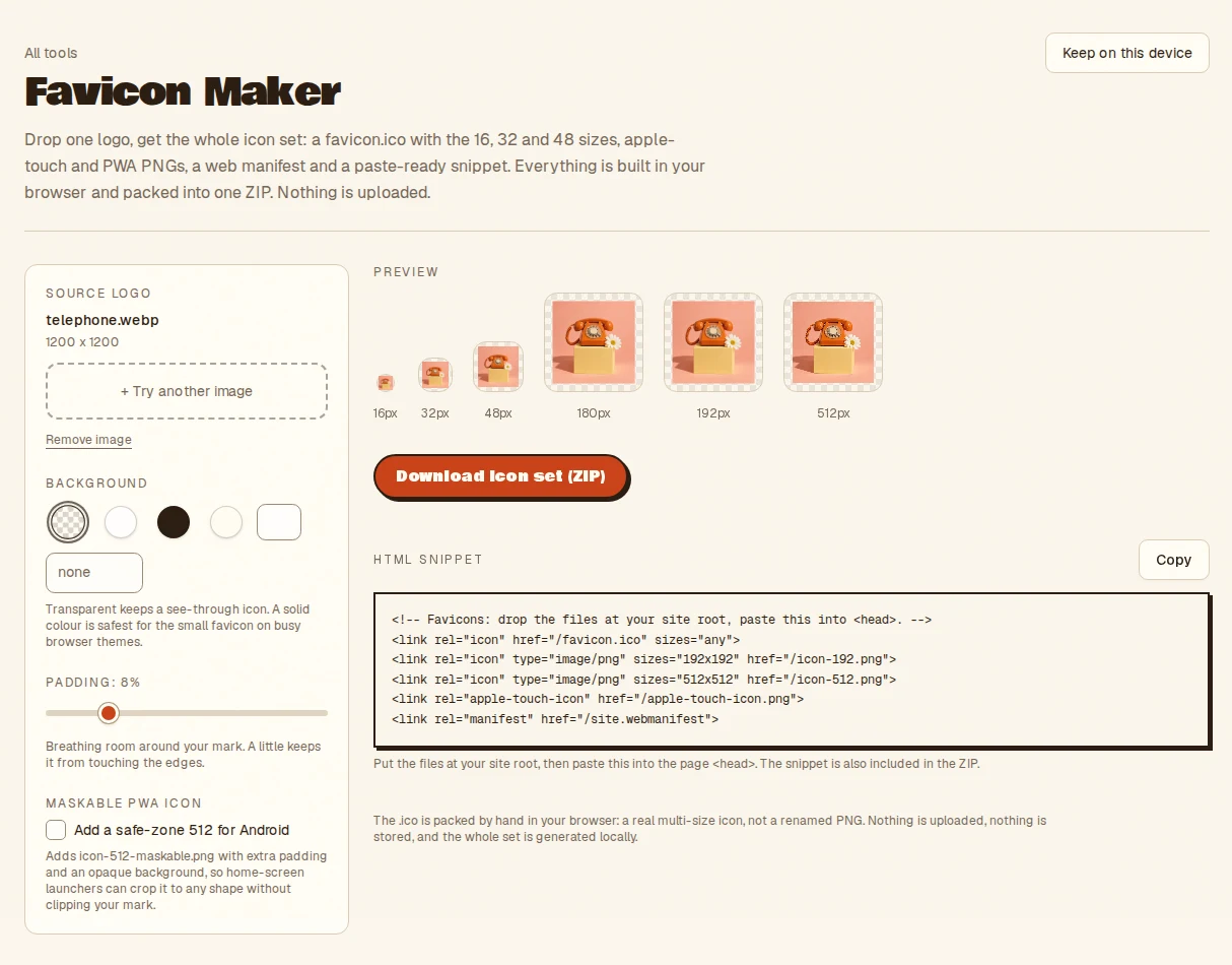 The Favicon Maker previewing a telephone image at 16, 32, 48, 180, 192 and 512 pixels, beside a paste-ready HTML snippet.