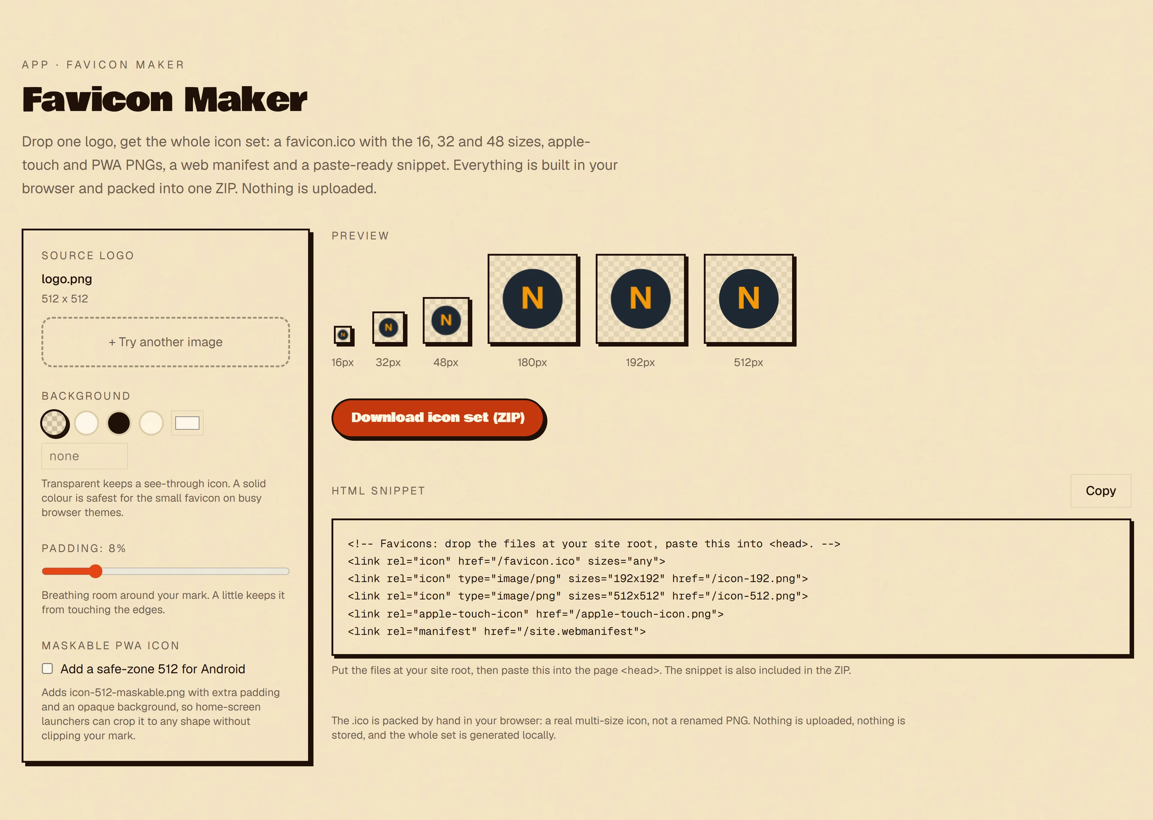 The Favicon Maker previewing one logo rendered at 16, 32, 48, 180, 192 and 512 pixels, beside a paste-ready HTML snippet.