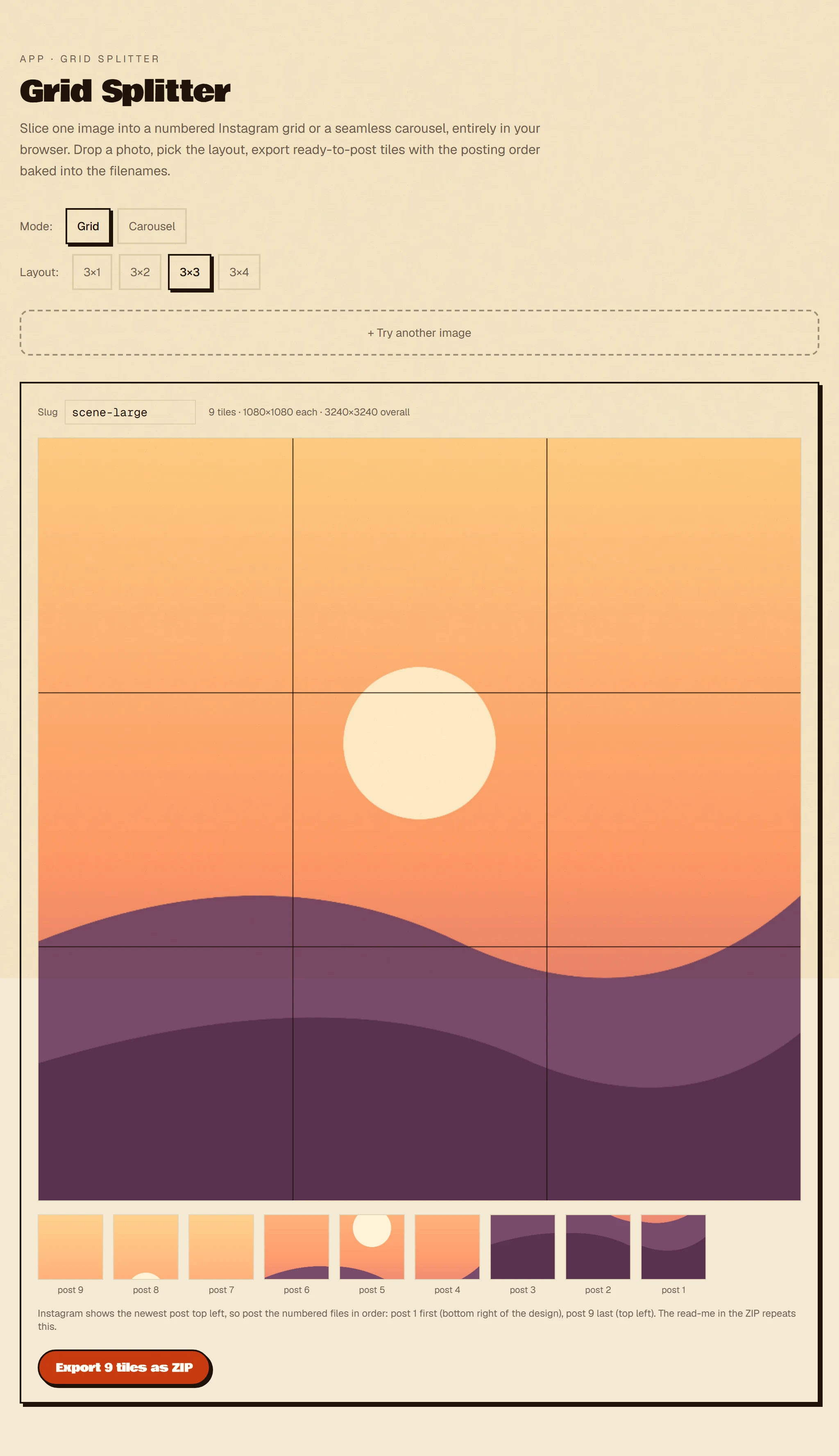 The Grid Splitter with one image sliced into a 3 by 3 Instagram grid, cut guides over the preview and numbered tiles in posting order below.