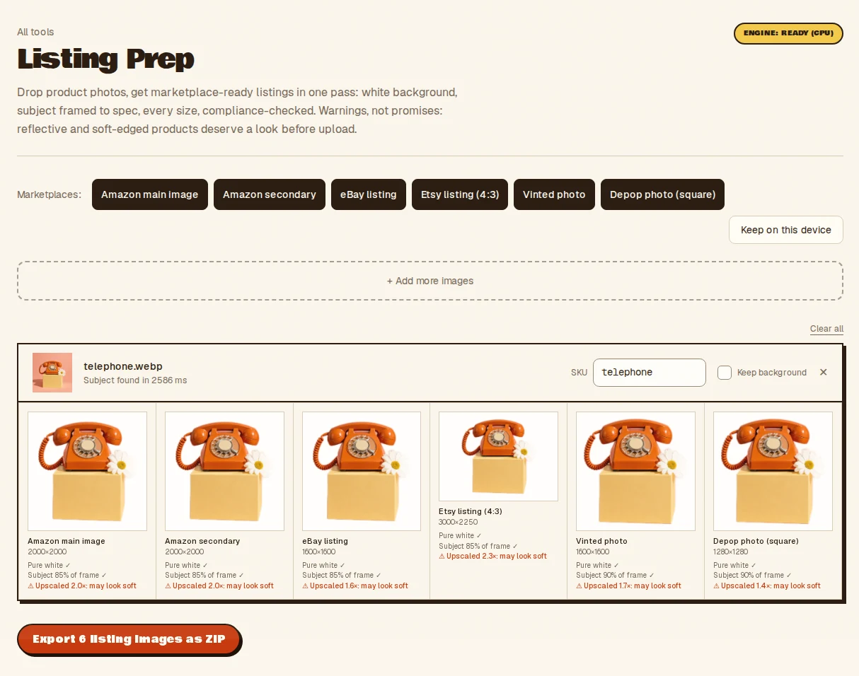 The Listing Prep tool with a product photo turned into Amazon, eBay, Etsy, Vinted and Depop sizes, each tile showing white-background and subject-fill compliance checks.