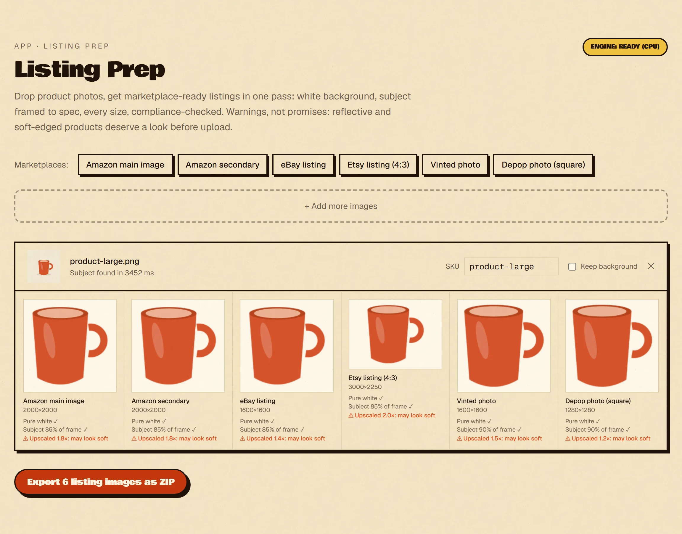 The Listing Prep tool with a product photo turned into Amazon, eBay, Etsy, Vinted and Depop sizes, each tile showing white-background and subject-fill compliance checks.