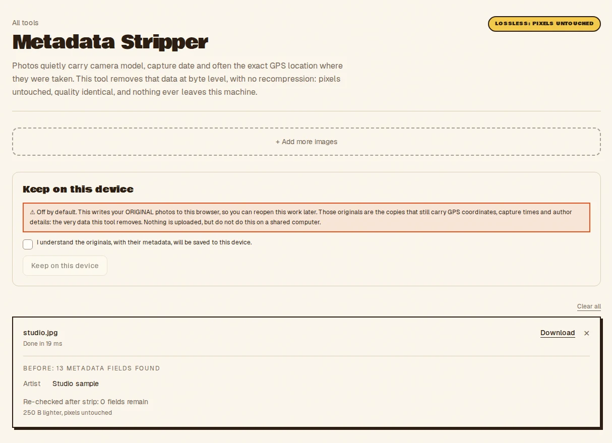 The Metadata Stripper showing 13 metadata fields in a sample JPEG, including its artist tag, and a re-check confirming zero fields remain after stripping.