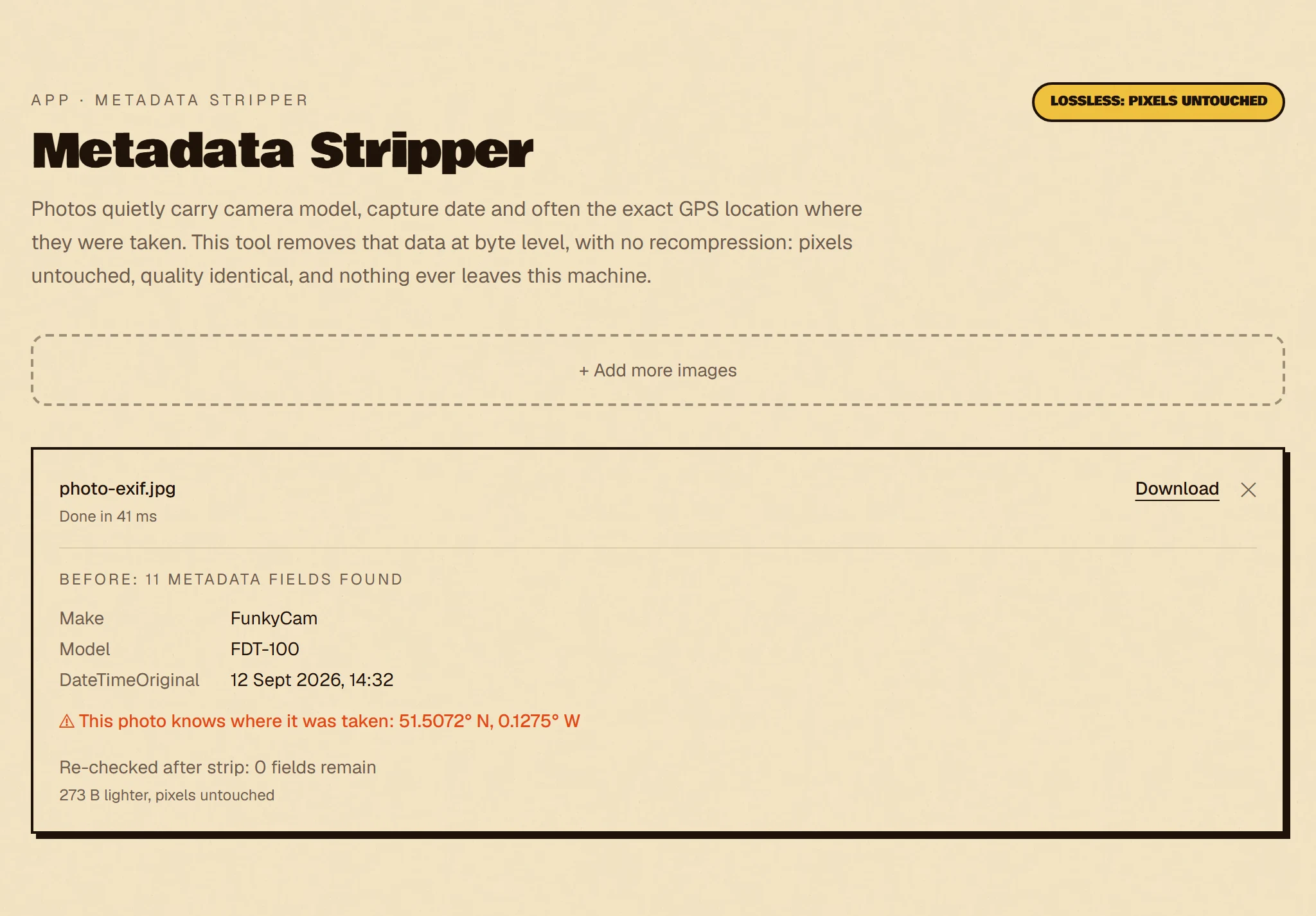The Metadata Stripper showing a photo's camera, capture date and GPS location read from its EXIF, a warning that the photo reveals where it was taken, and a clean re-check after stripping.
