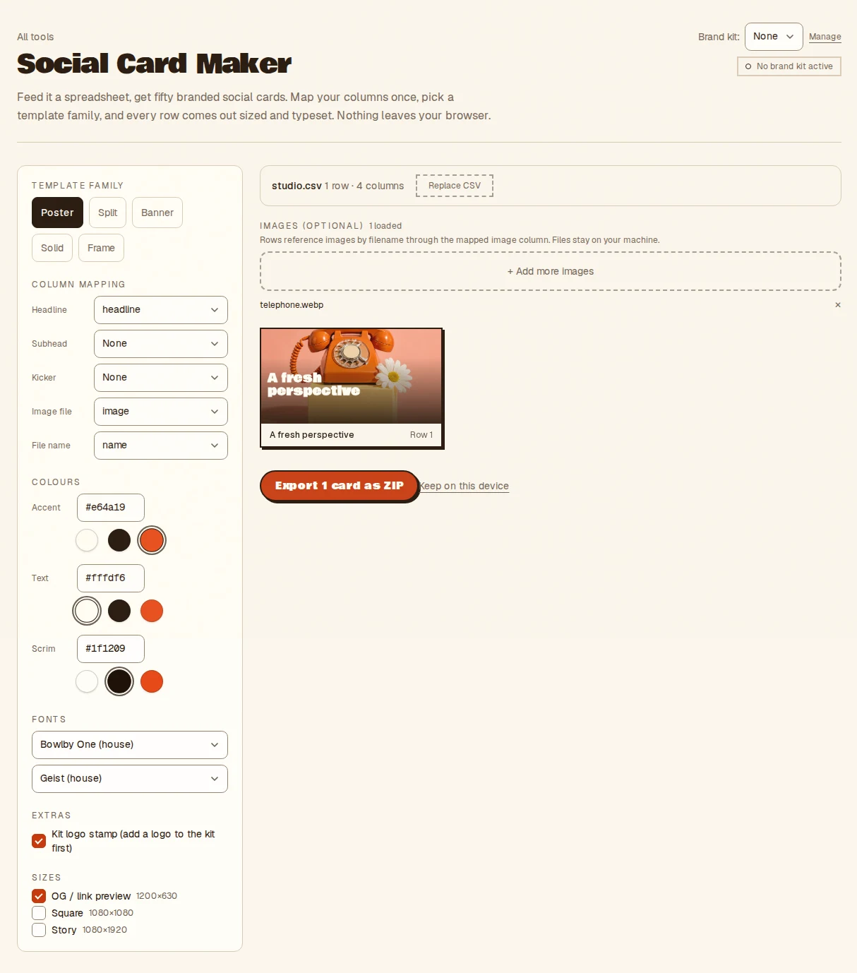 The Social Card Maker with a CSV mapped to headline and image columns, previewing a telephone photo and headline at link-preview size.