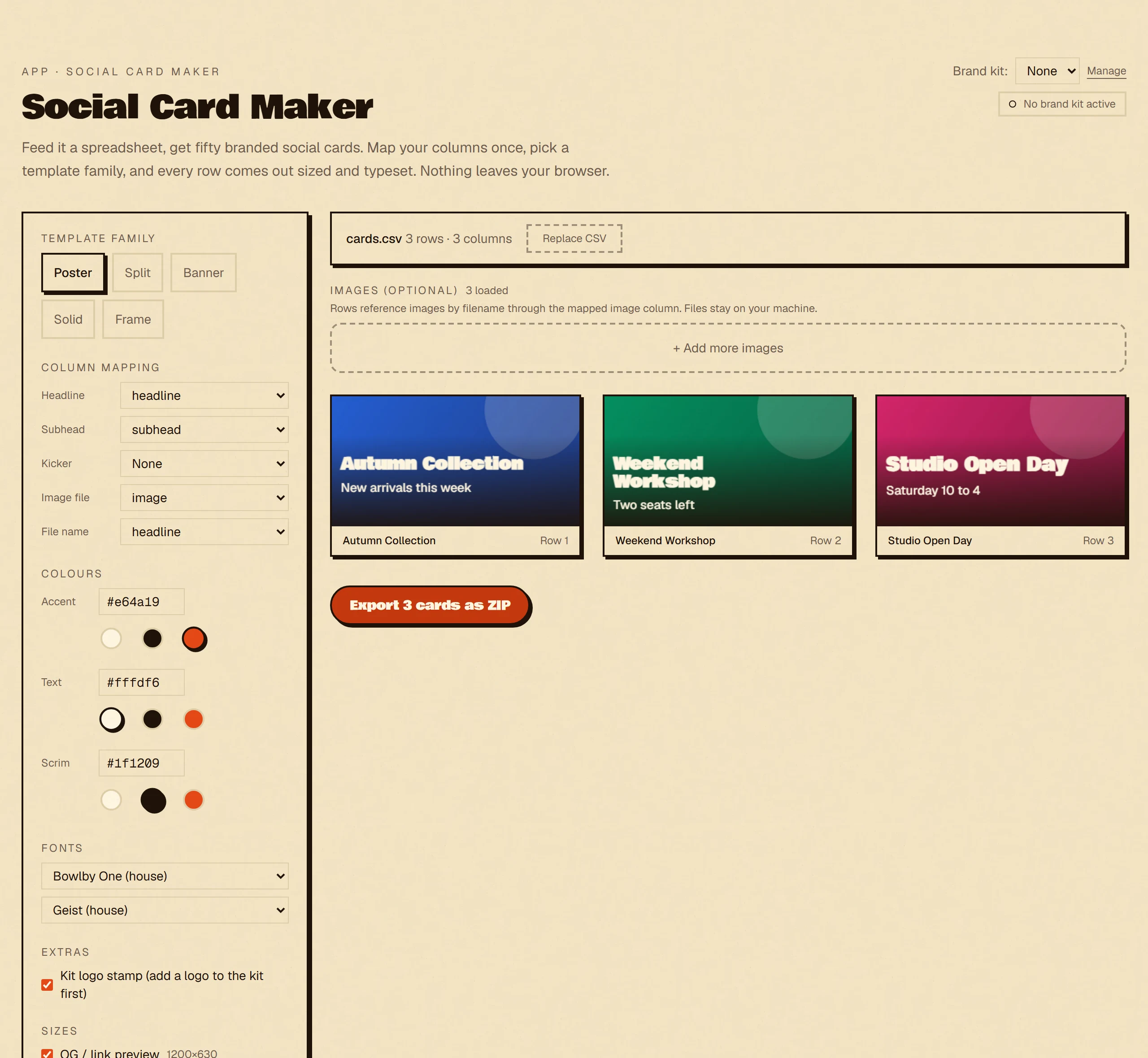 The Social Card Maker with a CSV mapped to headline, subhead and image columns, previewing a branded card for each row at link-preview size.