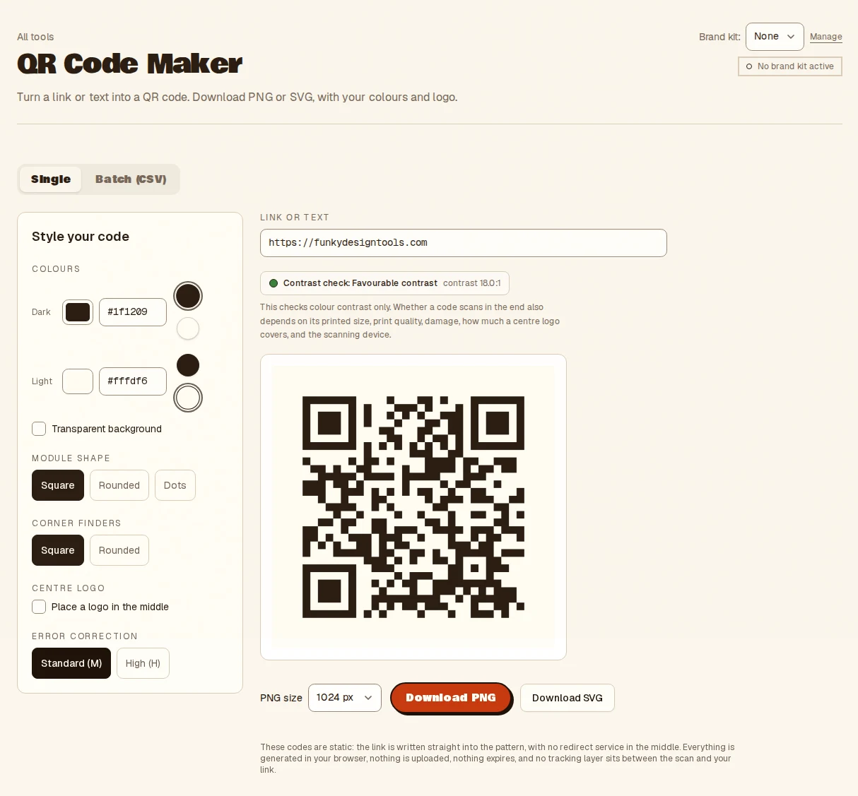 The QR Code Maker showing a static QR preview, a contrast check reading favourable, and colour, shape and centre-logo controls.