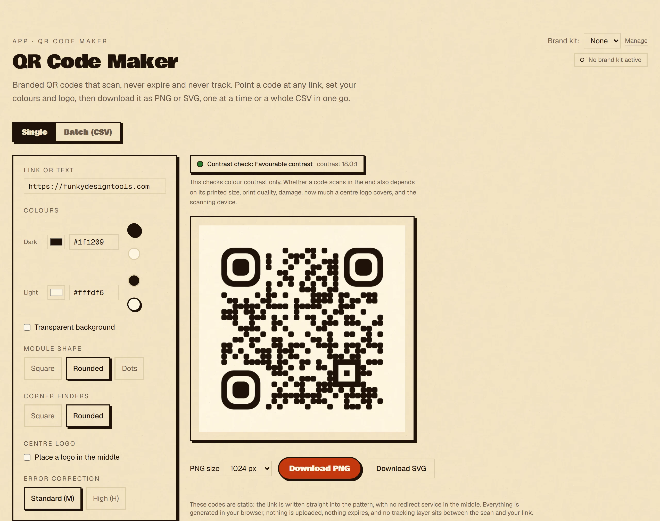 The QR Code Maker showing a styled QR preview with rounded modules, a contrast check reading favourable, and colour, shape and centre-logo controls.