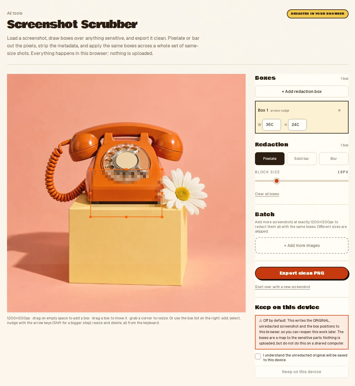 The Screenshot Scrubber with a telephone photo loaded and a redaction box pixelating its centre, with the box list and pixelate, bar and blur controls.