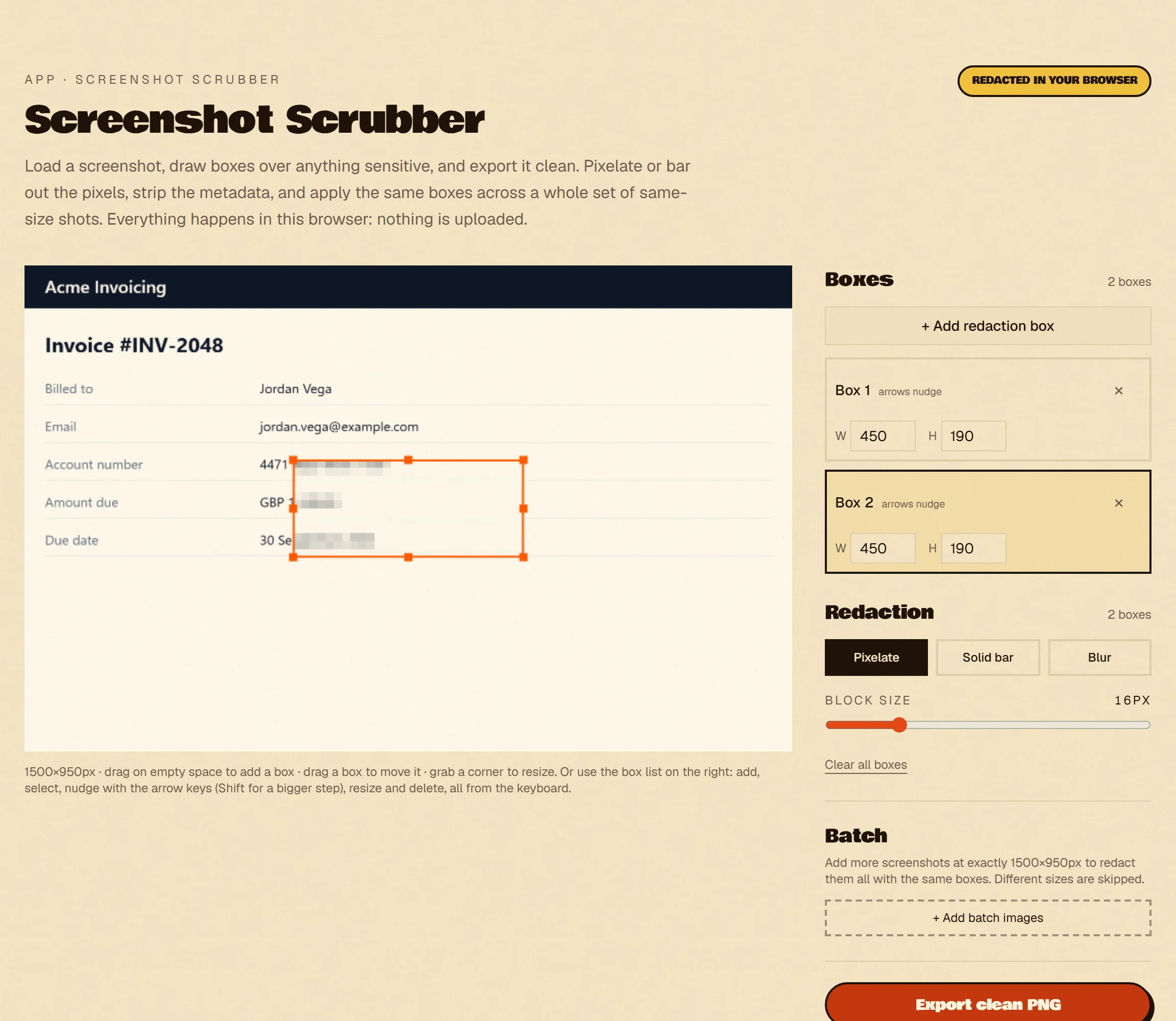 The Screenshot Scrubber with a sample invoice loaded and redaction boxes pixelating the sensitive fields, with the box list and pixelate, bar and blur controls.