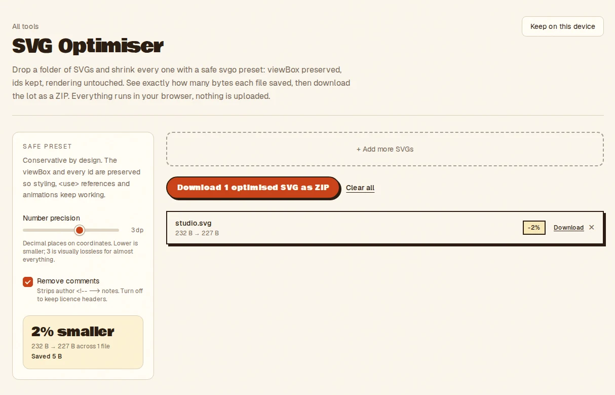 The SVG Optimiser with one SVG optimised, showing the bytes before and after and the percentage saved.
