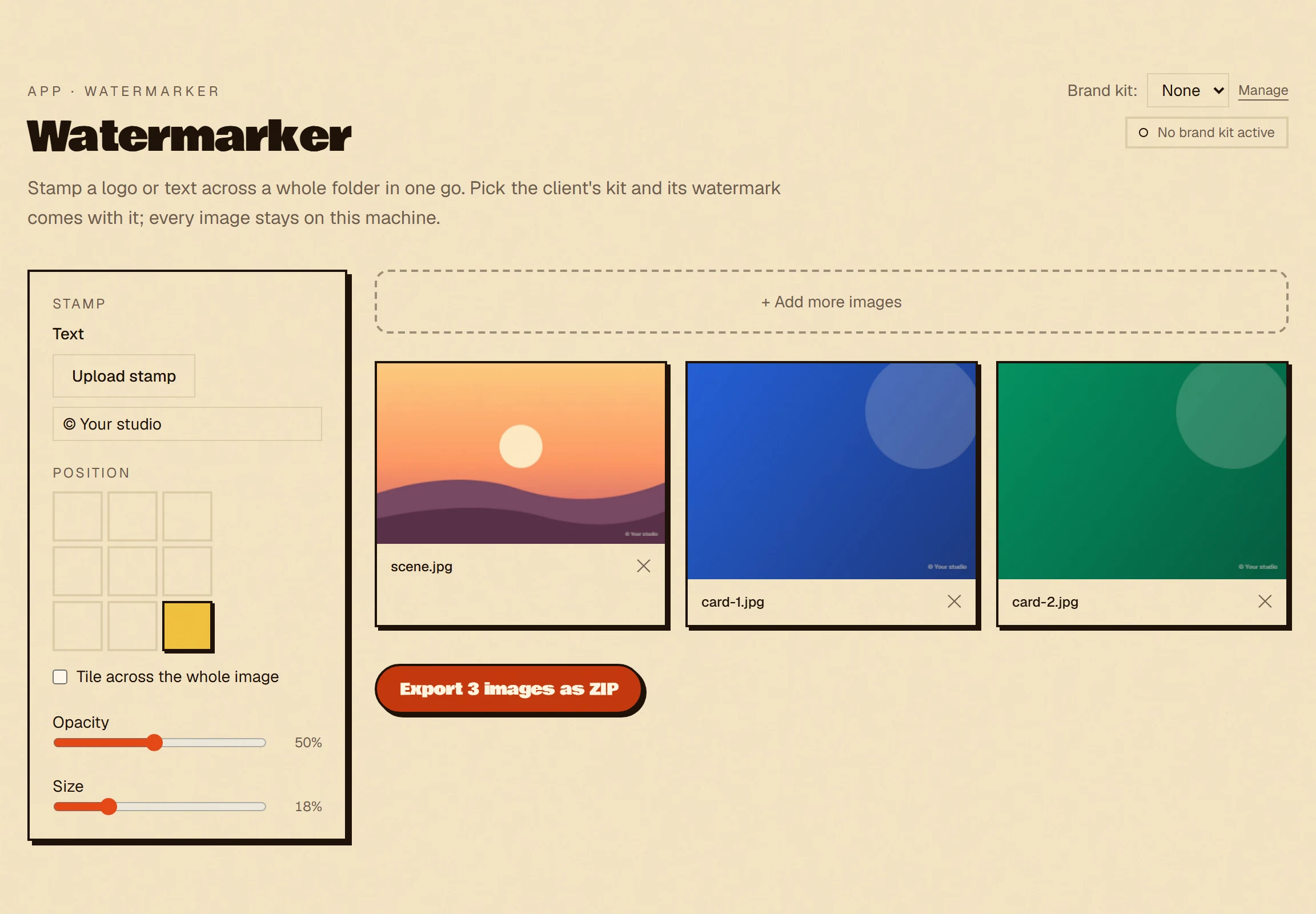 The Watermarker with three images loaded, each preview stamped in the bottom-right corner, and position, opacity and size controls on the left.